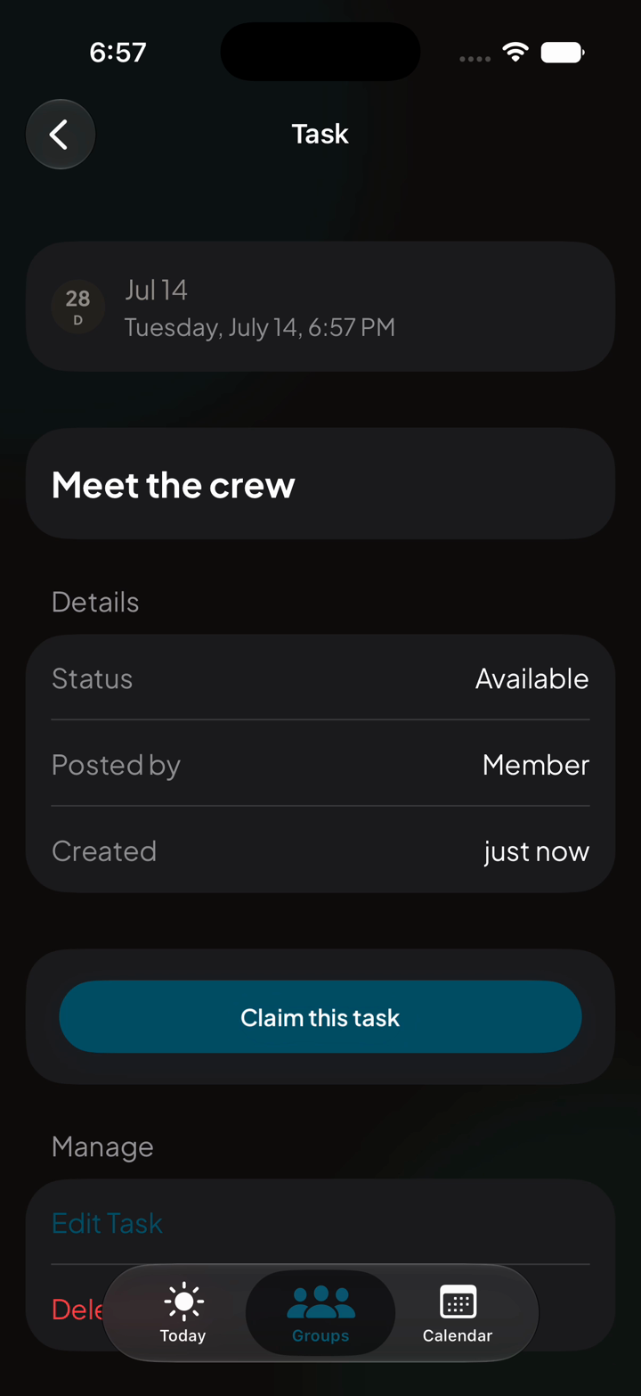 Dibs — task detail with Claim this task action